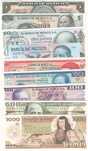 Mexico - Collection of 9 Notes - P-59k, 62b, 63h, 64d, 73, 74c, 79b, 85, and 116a - 1969-2001 dated Foreign Paper Money Set of Nine Banknotes
